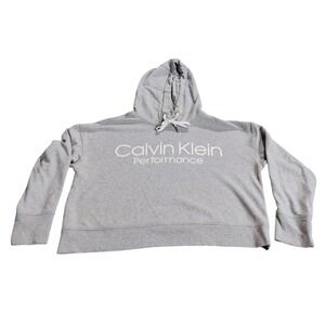Calvin Klein Performance Womens L Cropped Hoodie Gray Logo Thumbholes Pullover
